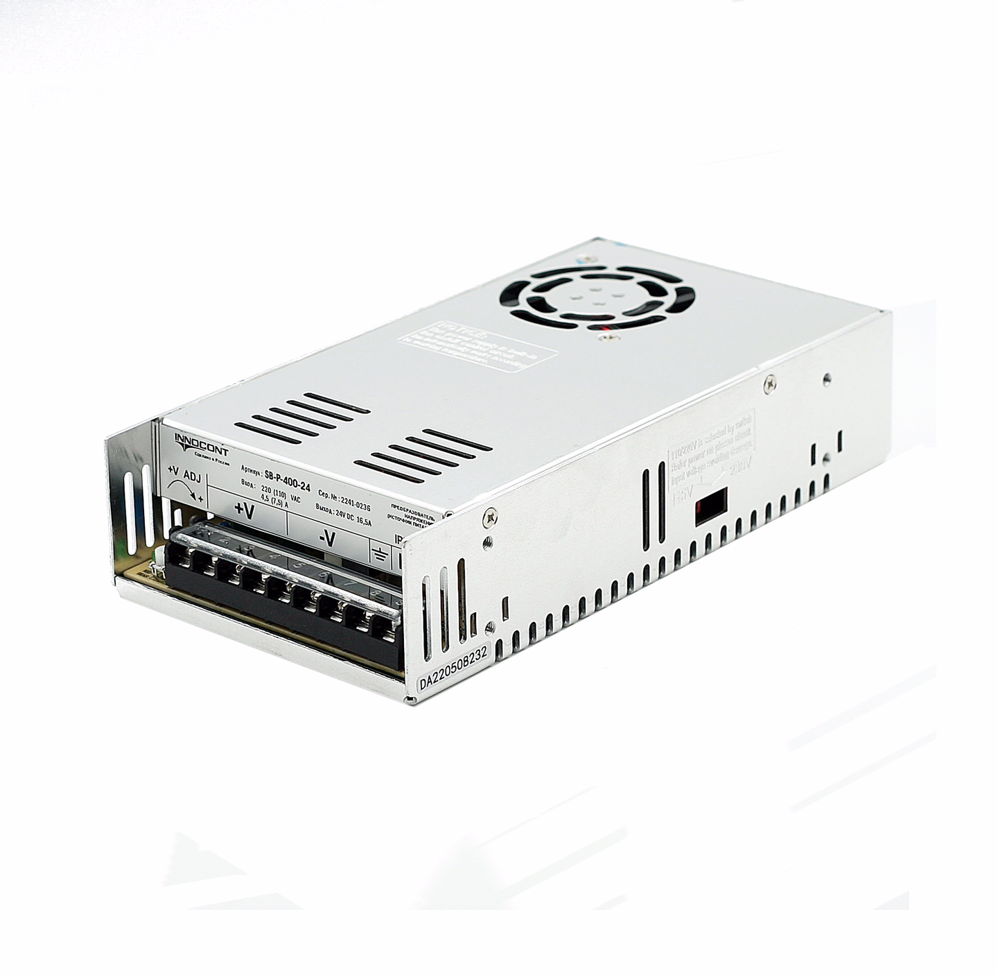 Источник питания INNOCONT. Вход: 220VAC, 4.5А, выход: 400W, 24VDC, 16.5A, -10 +50С, IP20,типы защиты: КЗ, перегрузка, перенапряжение SB-P-400-24