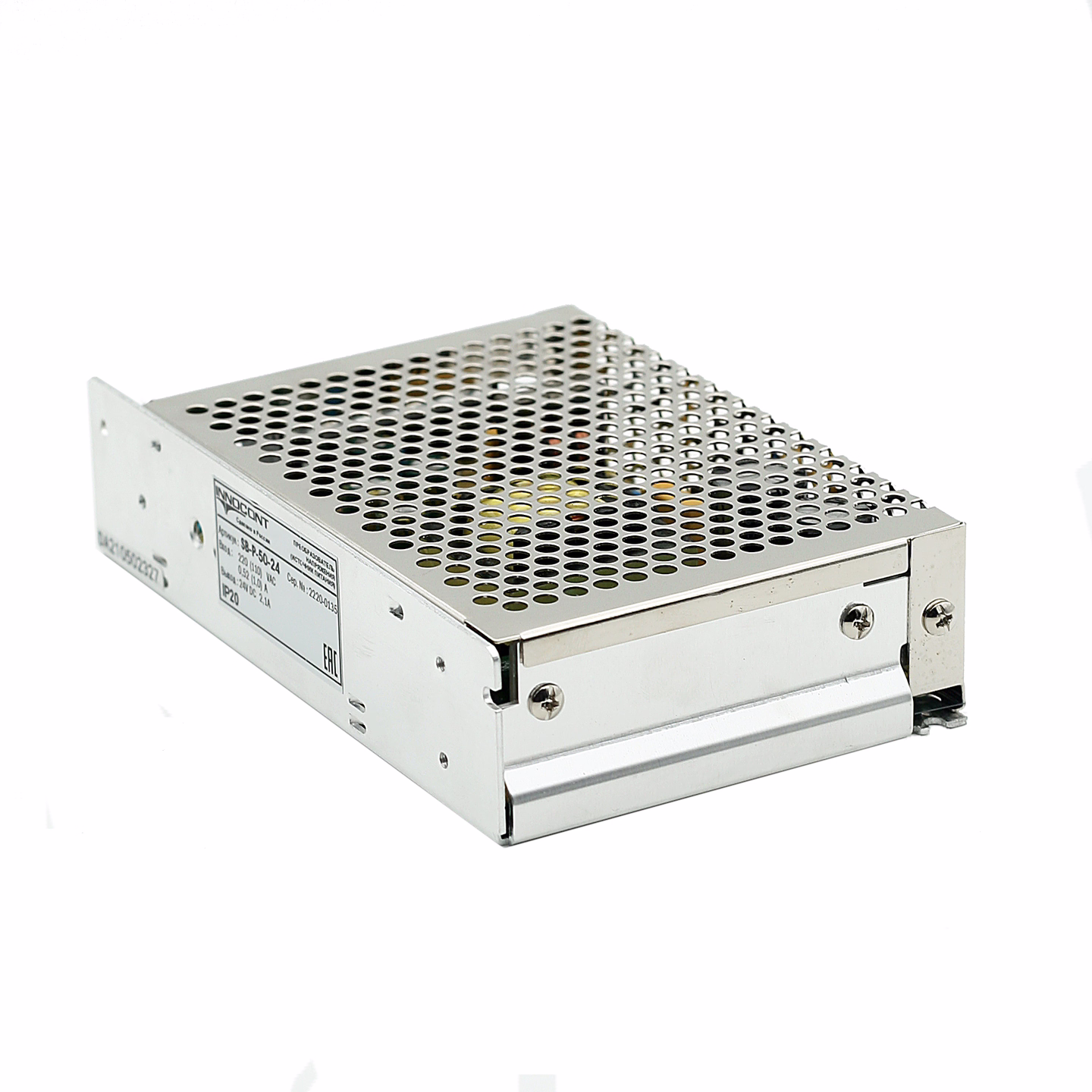 Источник питания INNOCONT. Вход: 220VAC, 0.52А, выход: 50W, 24VDC, 2.1A,-10 +50С, IP20, типы защиты: КЗ, перегрузка, перенапряжение SB-P-50-24