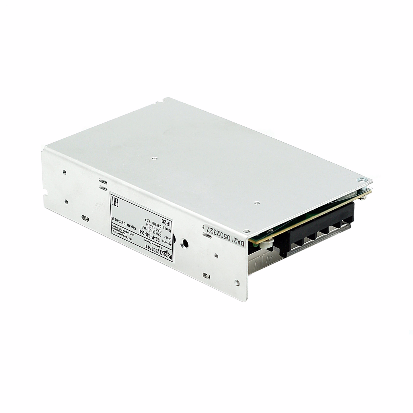 Источник питания INNOCONT. Вход: 220VAC, 0.52А, выход: 50W, 24VDC, 2.1A,-10 +50С, IP20, типы защиты: КЗ, перегрузка, перенапряжение SB-P-50-24