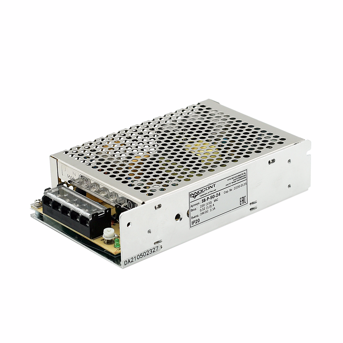 Источник питания INNOCONT. Вход: 220VAC, 0.52А, выход: 50W, 24VDC, 2.1A,-10 +50С, IP20, типы защиты: КЗ, перегрузка, перенапряжение SB-P-50-24