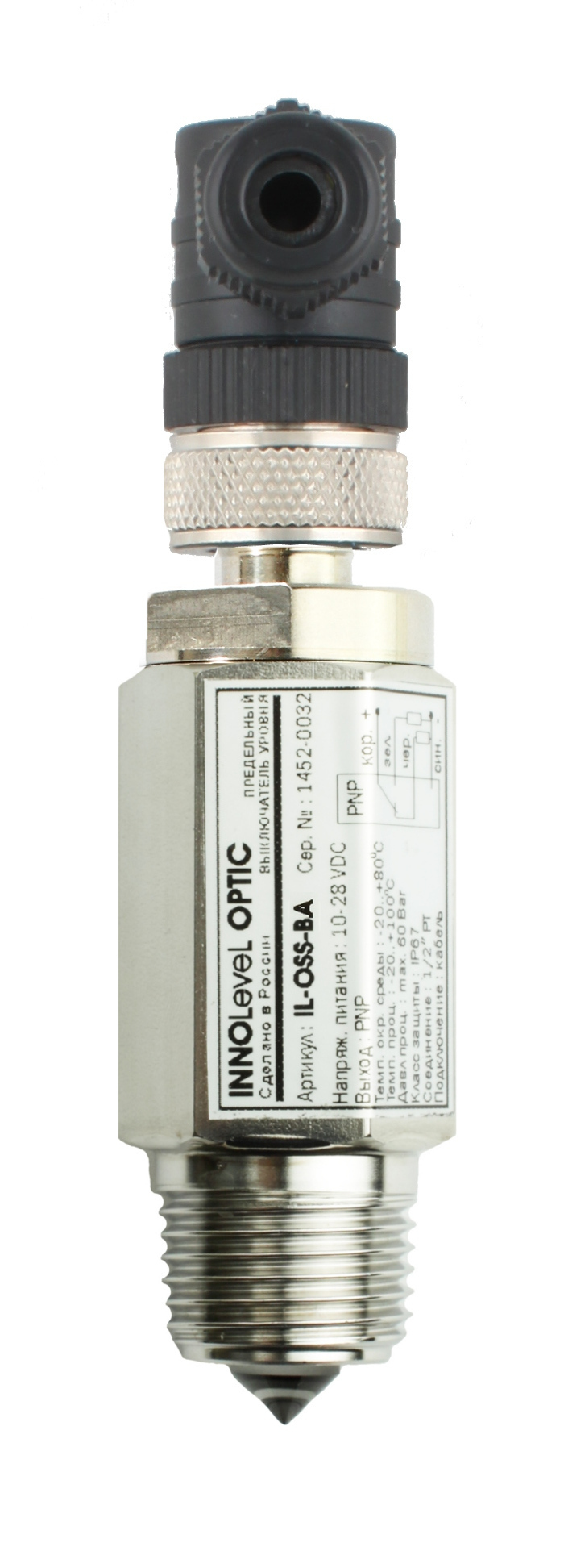 Оптический контактный датчик уровня жидкостей INNOLEVEL в корпусе из нерж. стали, -20 +100 С, Pmax=60 bar, 10-28 VDC, IP67, резьба 1/2", выход PNP NO+NC, разъем M12x4 pin