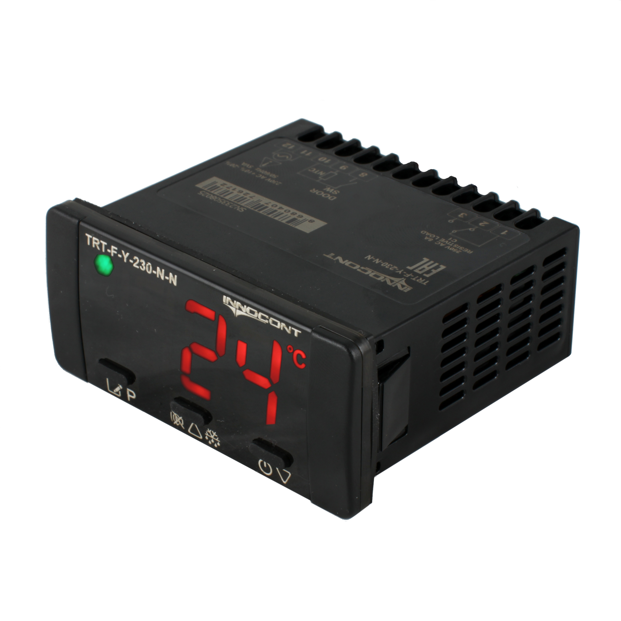 Температурный контроллер INNOCONT для управления охлаждением/размораживанием, 4 разряда, 77х35х61 мм, 2xNTC, выходы реле на компрессор, охладитель и испаритель, ON/OFF, 230VAC, встроенный фиксатор