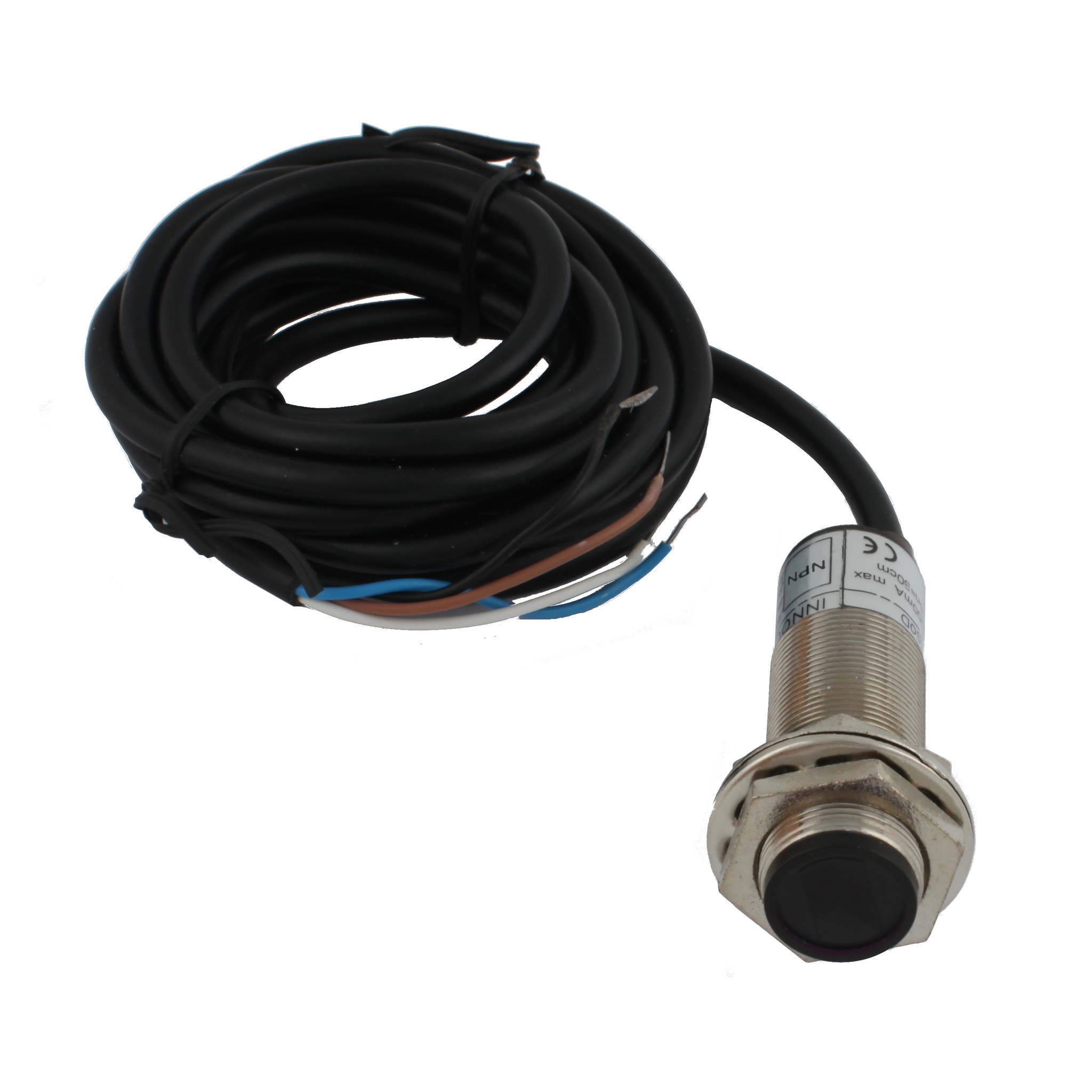 Фотодатчик диффузионный INNOCONT, М18x1, зона срабатывания до 50 см, -10 +60 С, 12…24 VDC, IP67, выход: NPN NO + NC, макс. ток 200 мА, время реакции 3 мс, кабель 2 м PES-D18-NOC50D (cable)