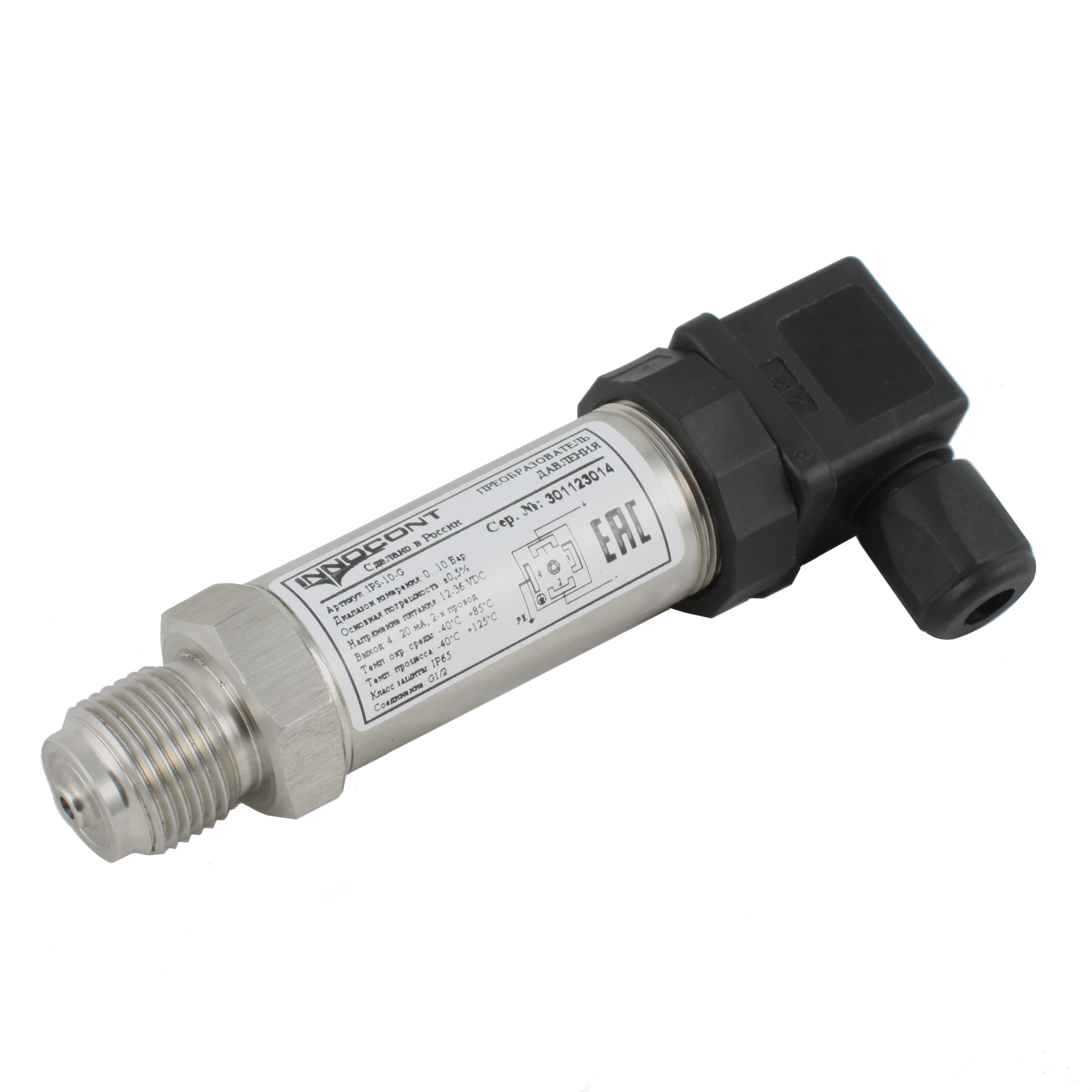 Преобразователь давления INNOCONT IPS-6-M, диапазон 0...6 бар, точность 0,5%, -40 +125 С, 12-36 VDC, IP65, разъем DIN