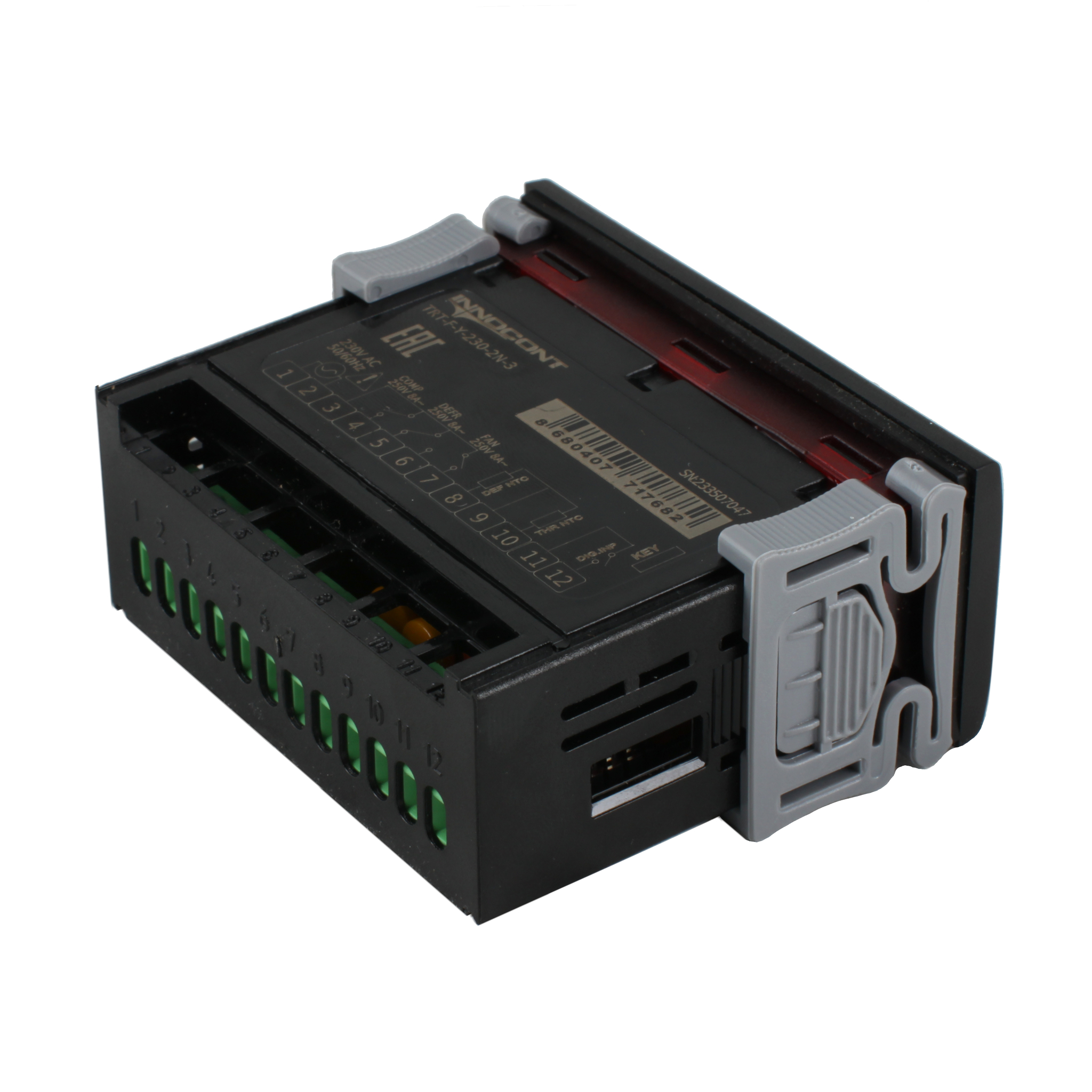 Температурный контроллер INNOCONT для управления охлаждением/размораживанием, 4 разряда, 77х35х61 мм, NTC, выходы реле на компрессор и охладитель, ON/OFF, 230VAC, комплектный фиксатор