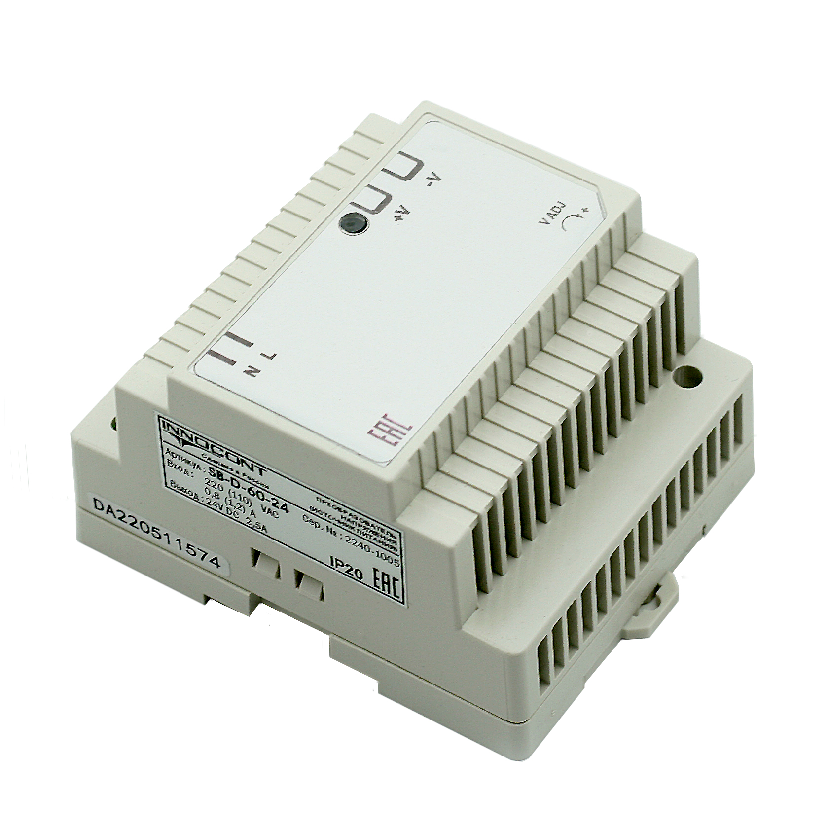 Источник питания INNOCONT. Вход: 220VAC, 0.8А, выход: 60W, 24VDC, 2.5A,-10 +50С, IP20, типы защиты: КЗ, перегрузка, перенапряжение SB-D-60-24