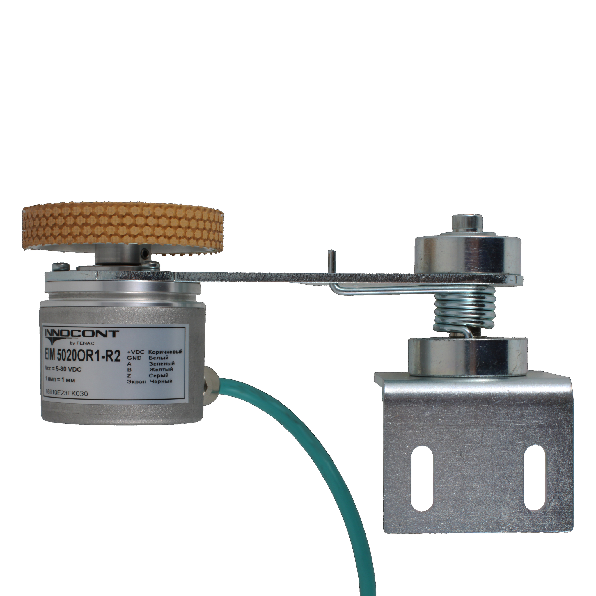 Инкрементальный энкодер INNOCONT D=50мм с мерным колесом L=200мм, контактная поверхность - резина, профиль ребристый, 1имп/0,5мм, 5…30VDC, выход HTL, IP64, -20…+85°C, радиальный кабель 2м