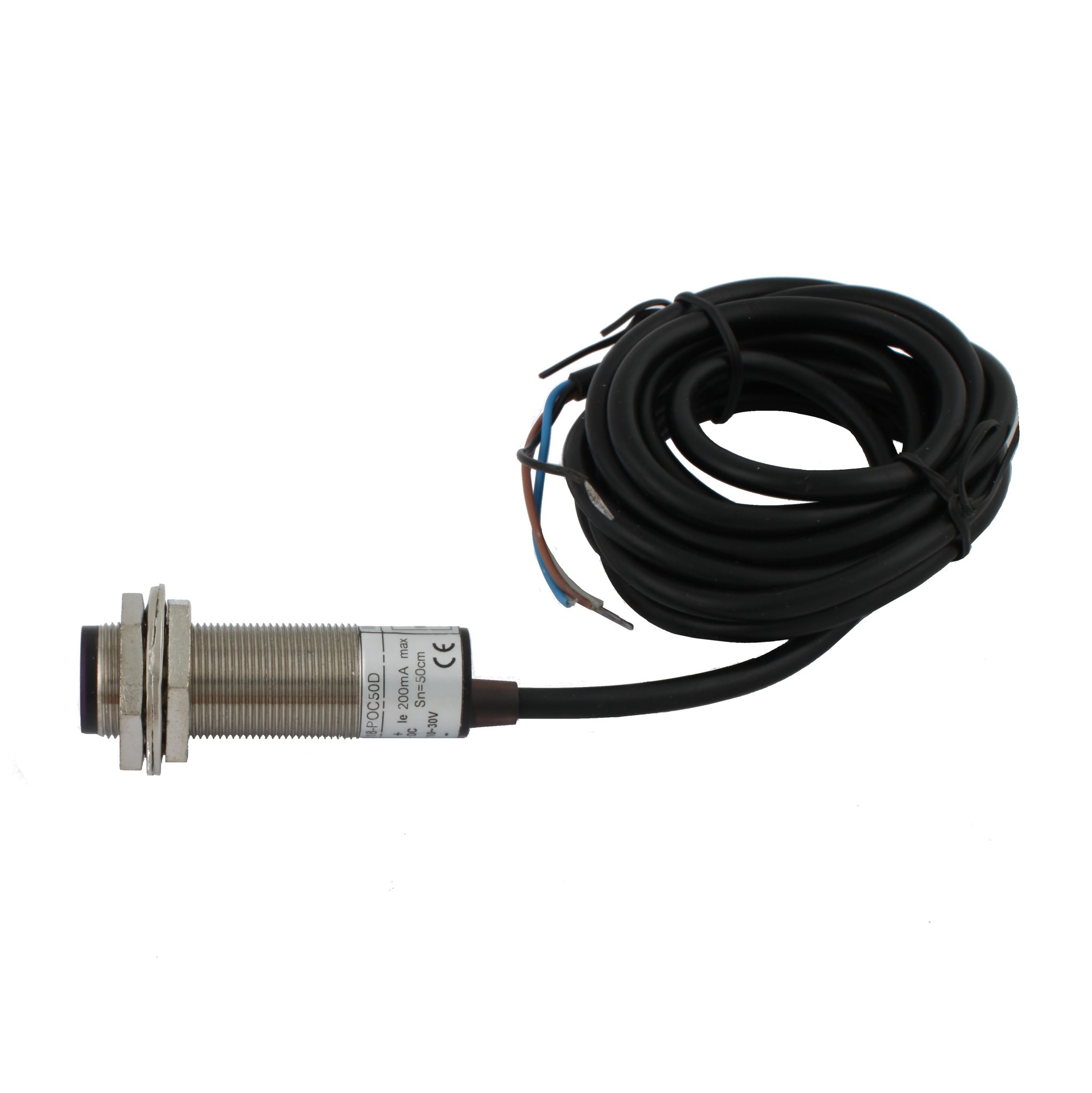 Фотодатчик диффузионный INNOCONT, М18x1, зона срабатывания до 50 см, -10 +60 С, 12…24 VDC, IP67, выход: PNP NO + NC, макс. ток 200 мА, время реакции 3 мс, кабель 2 м PES-D18-POC50D (cable)