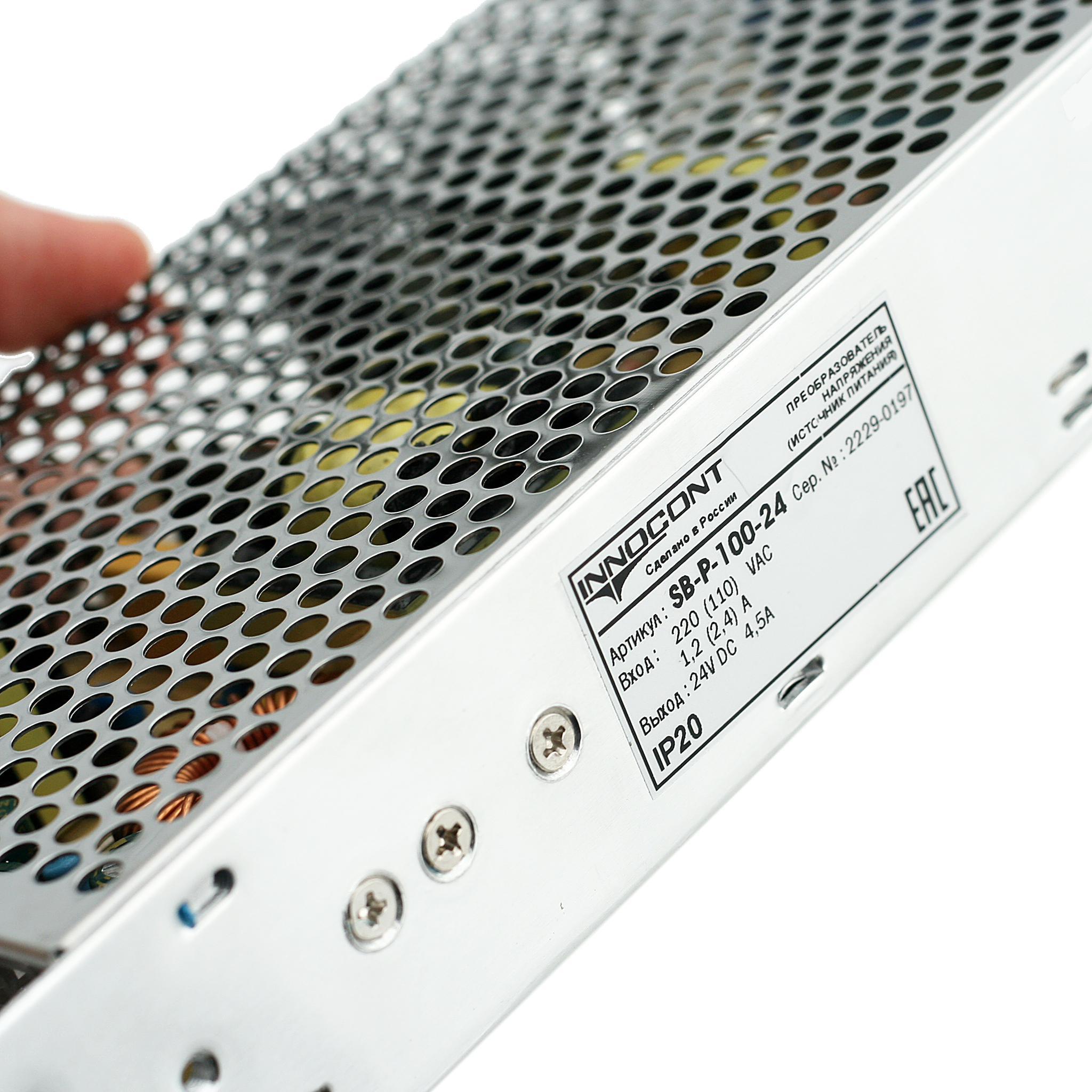 Источник питания INNOCONT. Вход: 220VAC, 1.2А, выход: 100W, 24VDC, 4.5A, -10 +50С, IP20,типы защиты: КЗ, перегрузка, перенапряжение SB-P-100-24