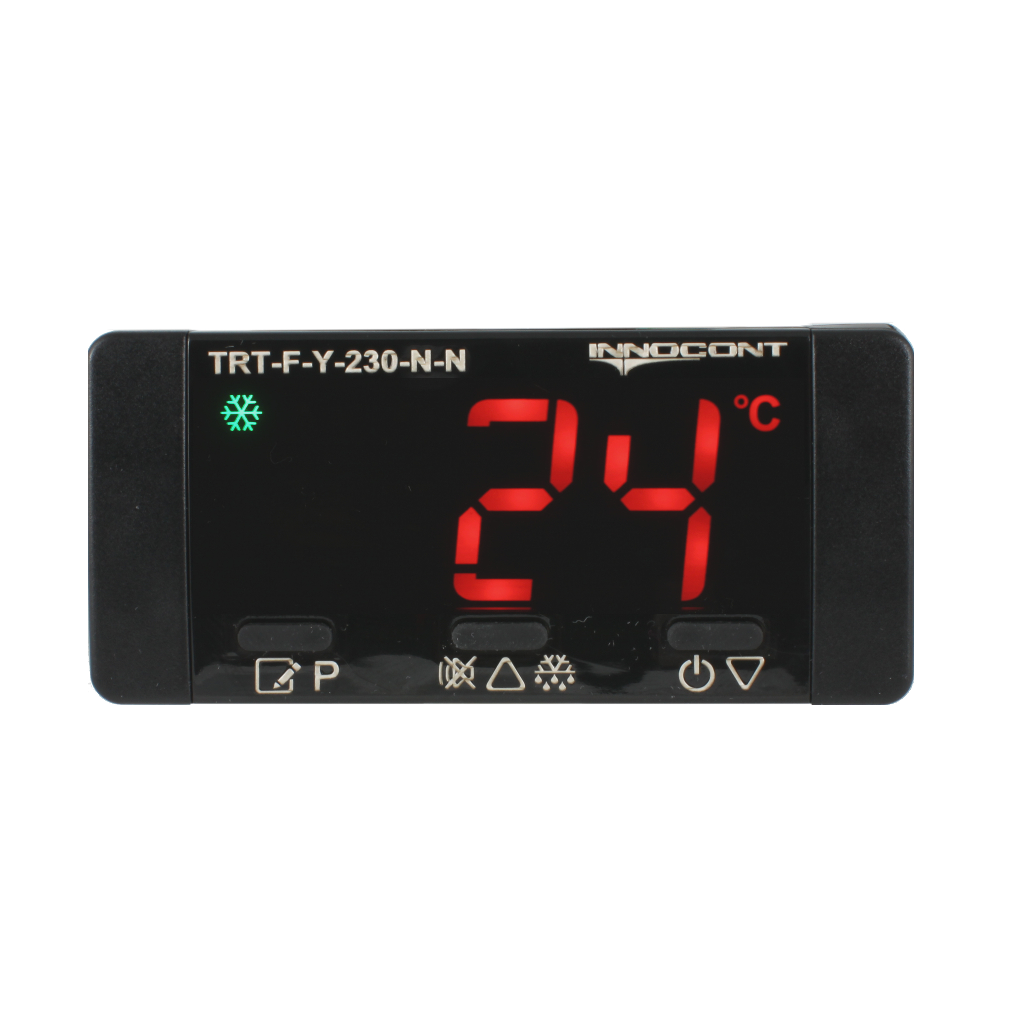 Температурный контроллер INNOCONT для управления охлаждением/размораживанием, 4 разряда, 77х35х61 мм, 2xNTC, выходы реле на компрессор, охладитель и испаритель, ON/OFF, 230VAC, встроенный фиксатор