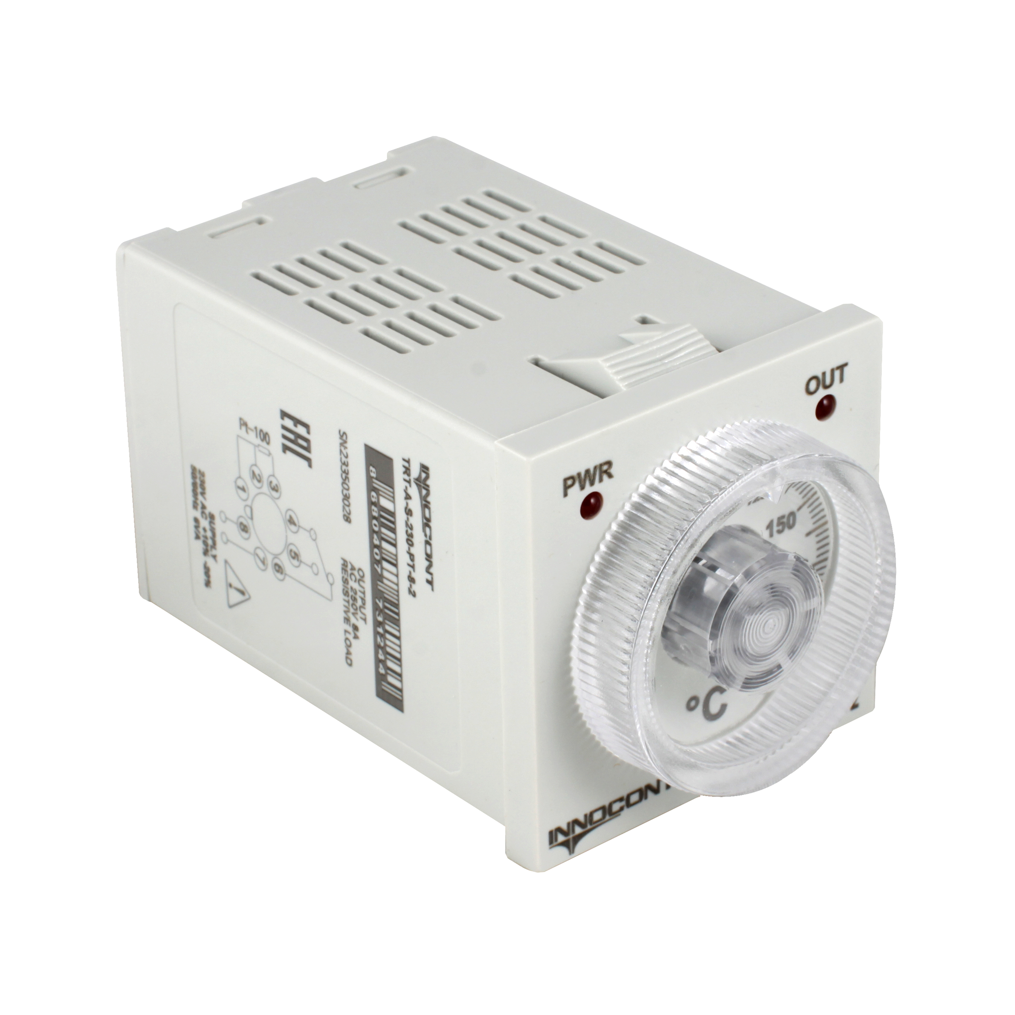 Температурный контроллер INNOCONT с аналоговым управлением, 48х48х82 мм,вход Pt100, 0...200C, выход реле, ON/OFF, 230VAC, электросоединение под розетку 8pin