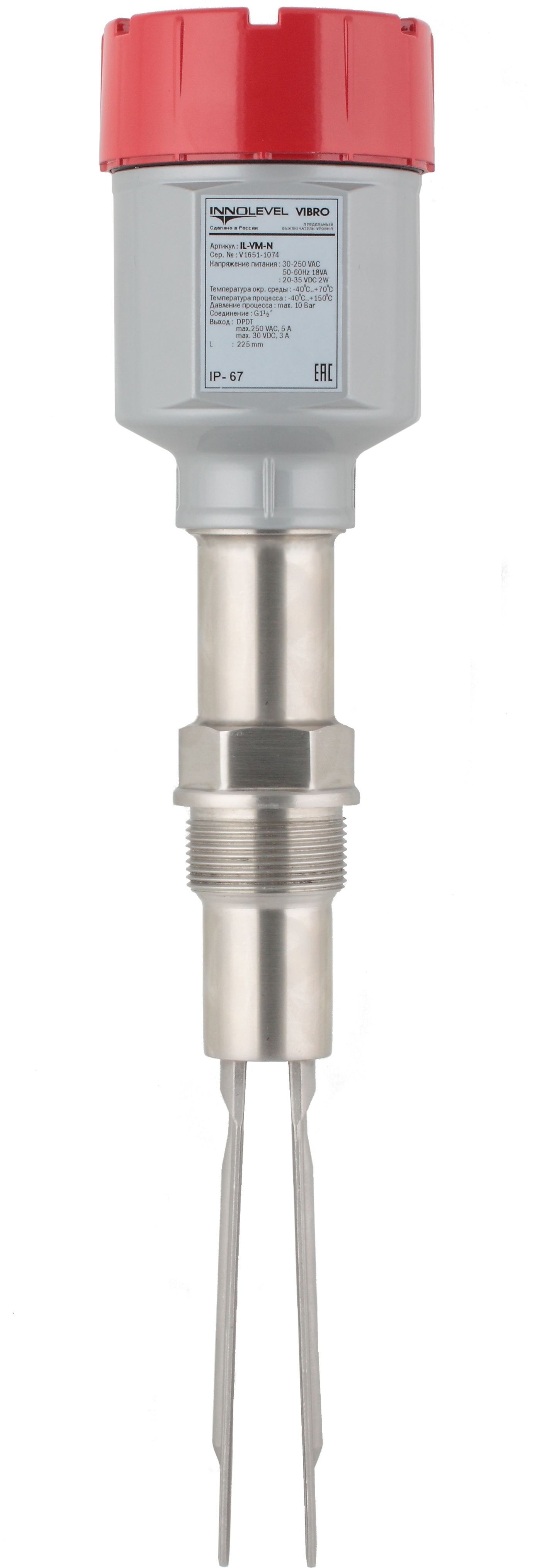 Вибрационный датчик уровня сыпучих материалов INNOLEVEL в алюм. корпусе, -40 +250 С, Pmax=10 bar, 22-265 VAC - 20-46 VDC, IP 67, чувств. от 10 г/л, соединение- резьба G 1 1/2"