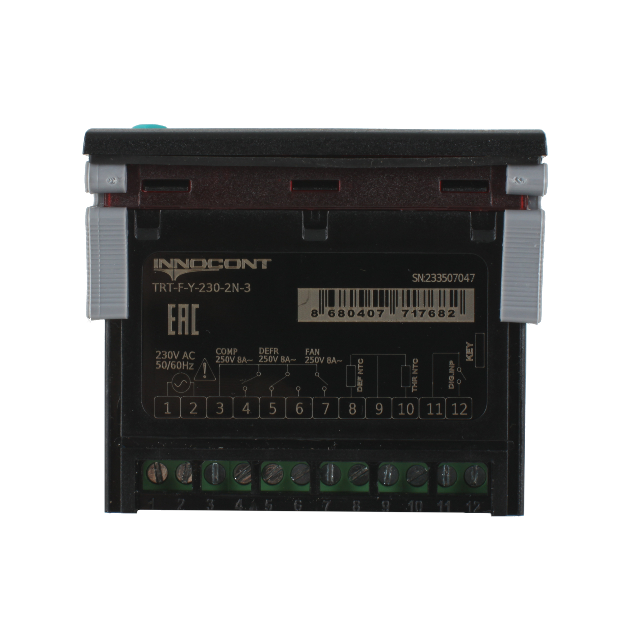 Температурный контроллер INNOCONT для управления охлаждением/размораживанием, 4 разряда, 77х35х61 мм, NTC, выходы реле на компрессор и охладитель, ON/OFF, 230VAC, комплектный фиксатор