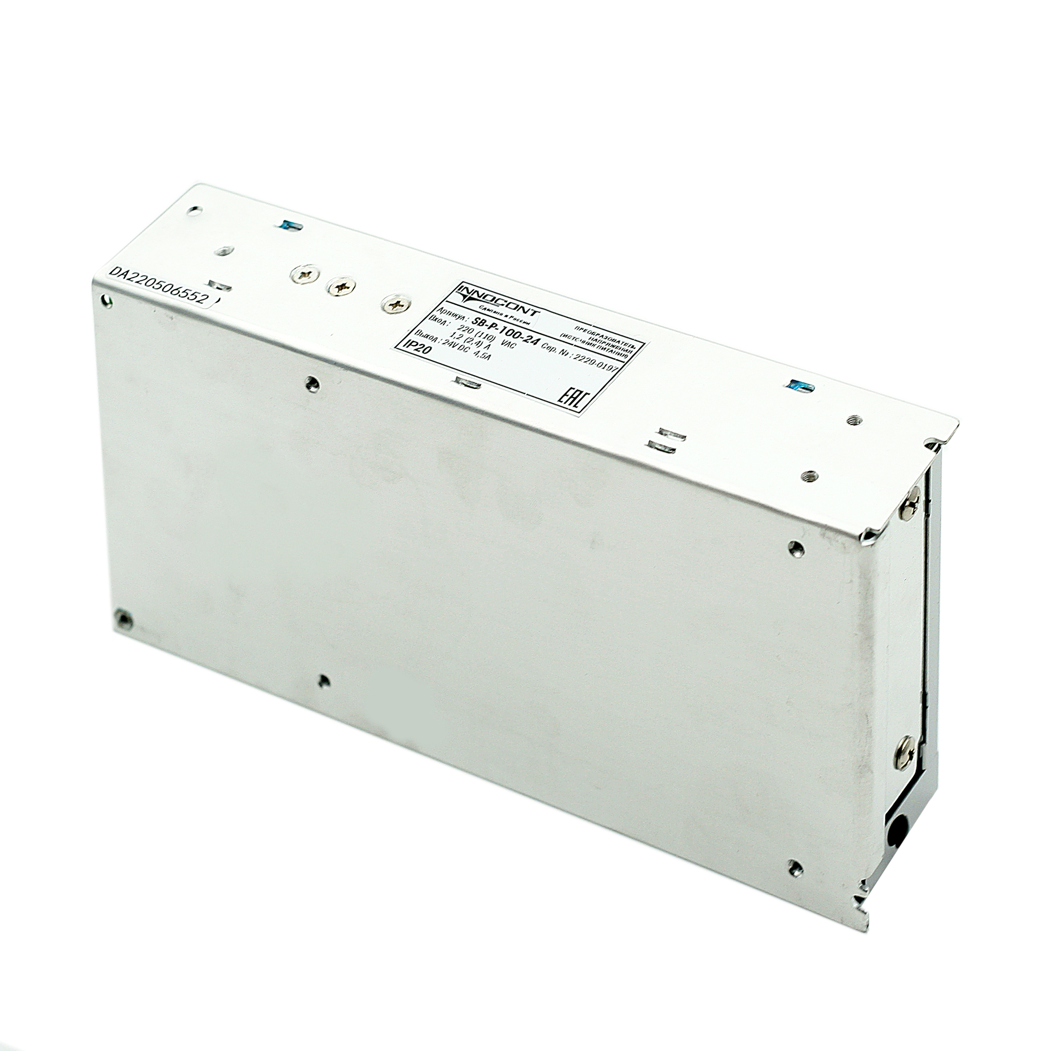 Источник питания INNOCONT. Вход: 220VAC, 1.2А, выход: 100W, 24VDC, 4.5A, -10 +50С, IP20,типы защиты: КЗ, перегрузка, перенапряжение SB-P-100-24