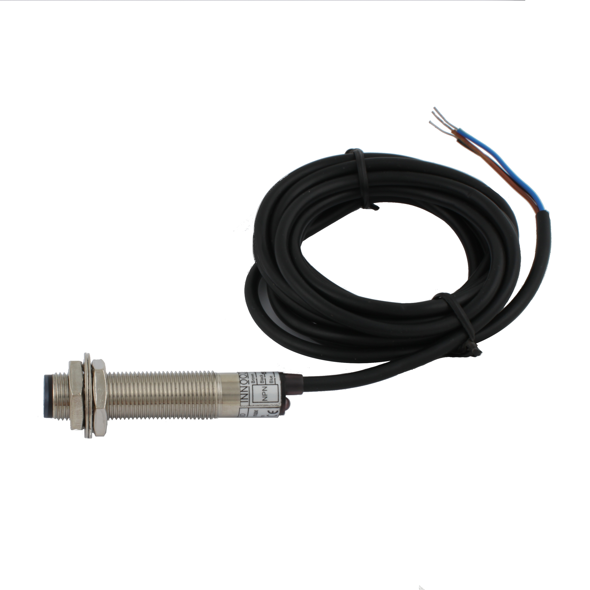 Фотодатчик диффузионный INNOCONT, М12x1, зона срабатывания до 10 см, -10 +60 С, 12…24 VDC, IP67, выход: NPN NO, макс. ток 200 мА, время реакции 3 мс, кабель 2 м PES-D12-NO10D